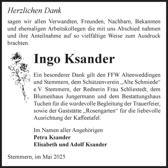 Traueranzeige von Ingo Ksander von Volksstimme Oschersleben/Wanzleben