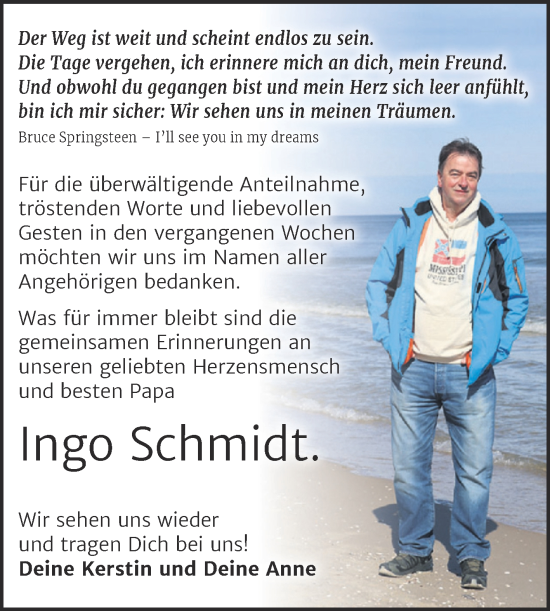 Traueranzeige von Ingo Schmidt von Trauerkombi Sangerhausen