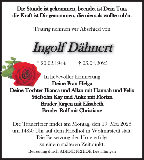 Traueranzeige von Ingolf Dähnert von Volksstimme Haldensleben/Wolmirstedt