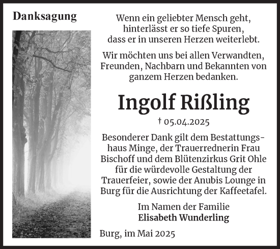 Traueranzeige von Ingolf Rißling von Volksstimme Burg/Genthin