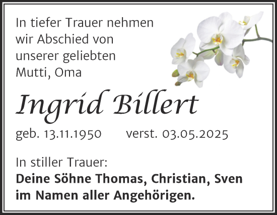 Traueranzeige von Ingrid Billert von Trauerkombi Aschersleben