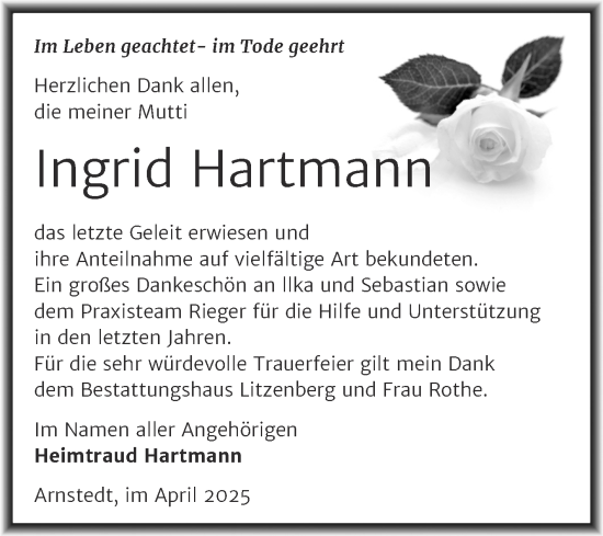Traueranzeige von Ingrid Hartmann von Trauerkombi Mansfelder Land