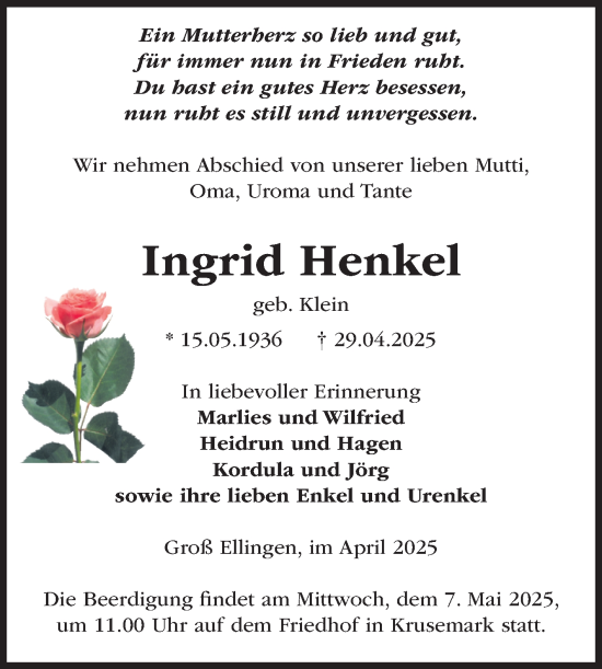 Traueranzeige von Ingrid Henkel von Volksstimme Altmark Ost