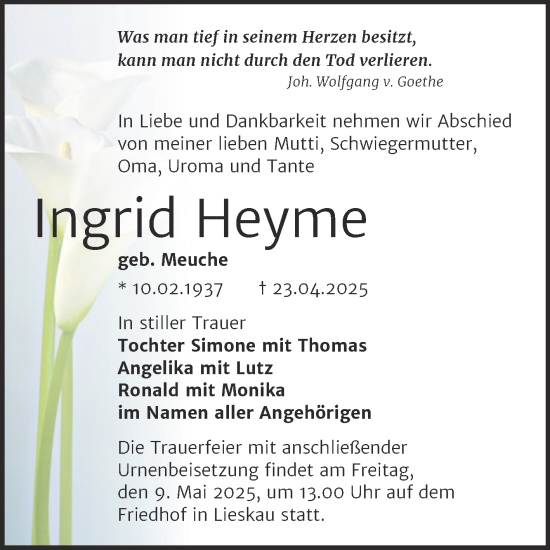 Traueranzeige von Ingrid Heyme von Mitteldeutsche Zeitung Halle/Saalkreis