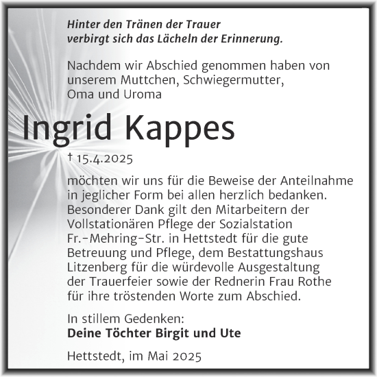 Traueranzeige von Ingrid Kappes von Trauerkombi Mansfelder Land