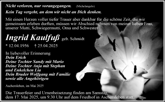 Traueranzeige von Ingrid Kaulfuß von Trauerkombi Aschersleben