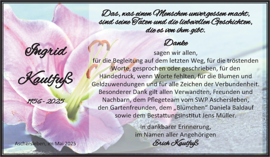 Traueranzeige von Ingrid Kaulfuß von Trauerkombi Aschersleben