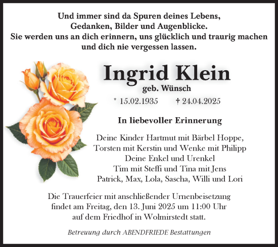 Traueranzeige von Ingrid Klein von Volksstimme Haldensleben/Wolmirstedt