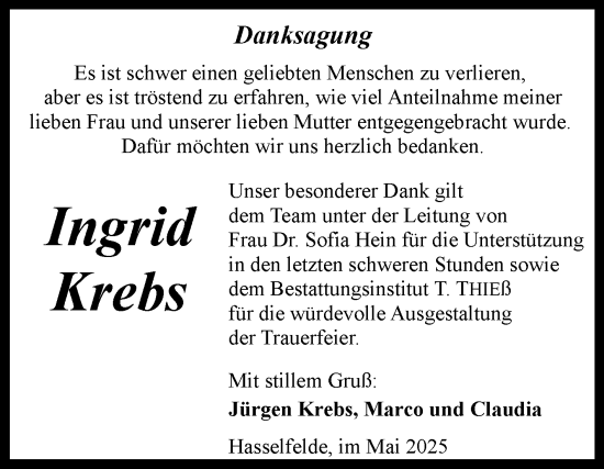 Traueranzeige von Ingrid Krebs von Volksstimme Wernigerode