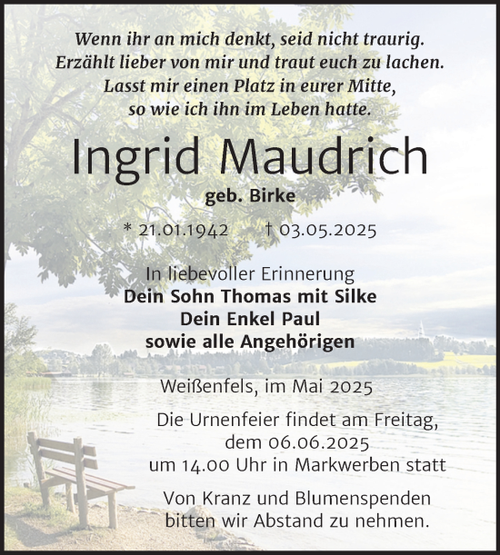 Traueranzeige von Ingrid Maudrich von Trauerkombi Weißenfels