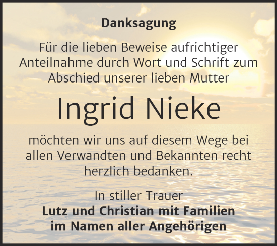 Traueranzeige von Ingrid Nieke von Mitteldeutsche Zeitung Sangerhausen