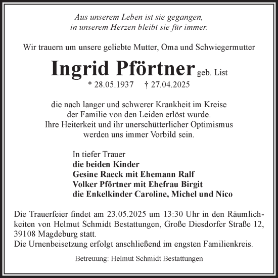 Traueranzeige von Ingrid Pförtner von Volksstimme Magdeburg