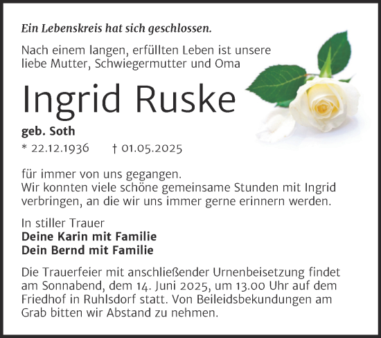 Traueranzeige von Ingrid Ruske von Trauerkombi Wittenberg