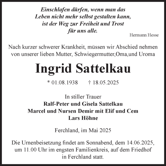 Traueranzeige von Ingrid Sattelkau von Volksstimme Burg/Genthin
