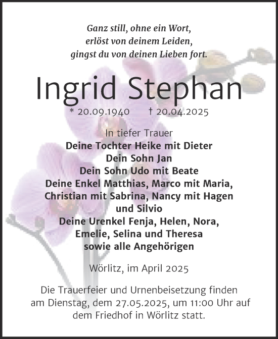 Traueranzeige von Ingrid Stephan von Trauerkombi Wittenberg