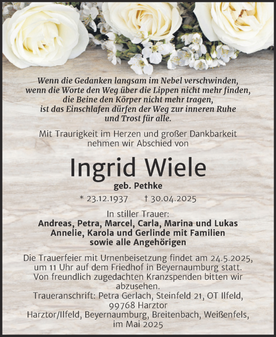 Traueranzeige von Ingrid Wiele von Trauerkombi Sangerhausen