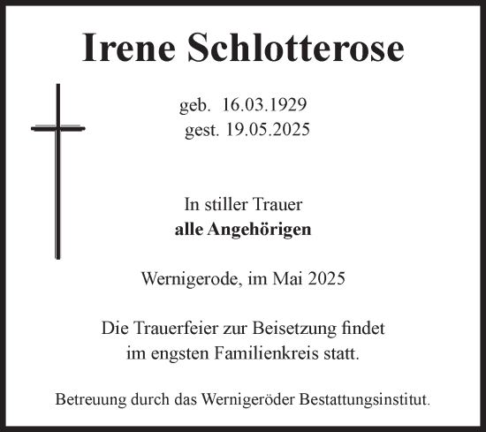Traueranzeige von Irene Schlotterose von Volksstimme Wernigerode