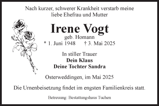 Traueranzeige von Irene Vogt von Volksstimme Oschersleben/Wanzleben