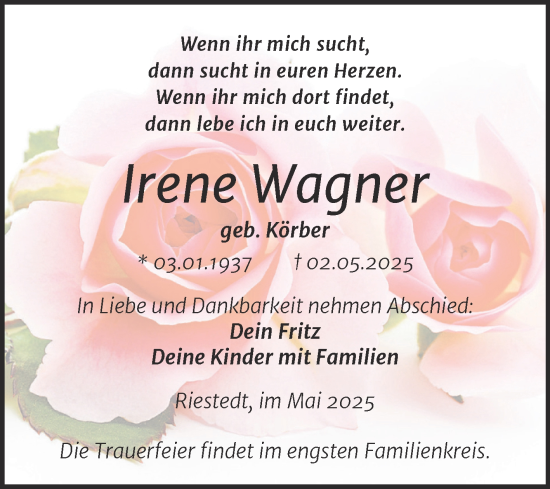 Traueranzeige von Irene Wagner von Trauerkombi Sangerhausen