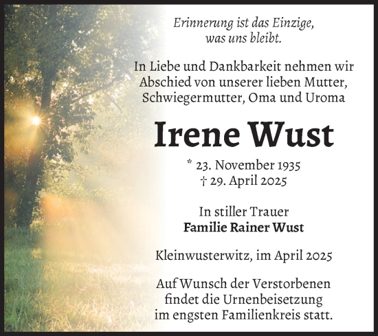Traueranzeige von Irene Wust von Volksstimme Burg/Genthin