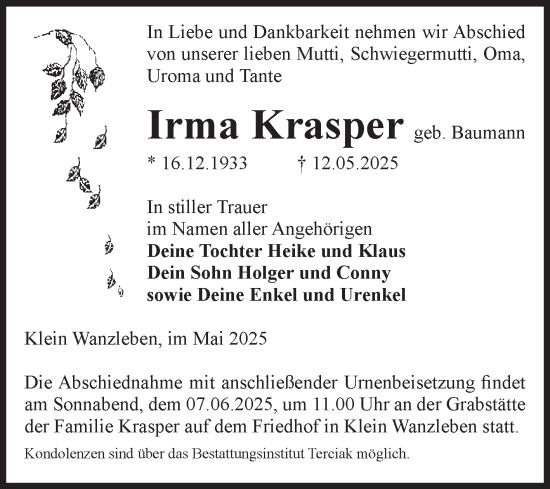 Traueranzeige von Irma Krasper von Volksstimme Oschersleben/Wanzleben