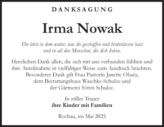 Traueranzeige von Irma Nowak von Volksstimme Altmark Ost