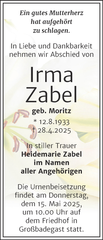 Traueranzeige von Irma Zabel von Trauerkombi Köthen