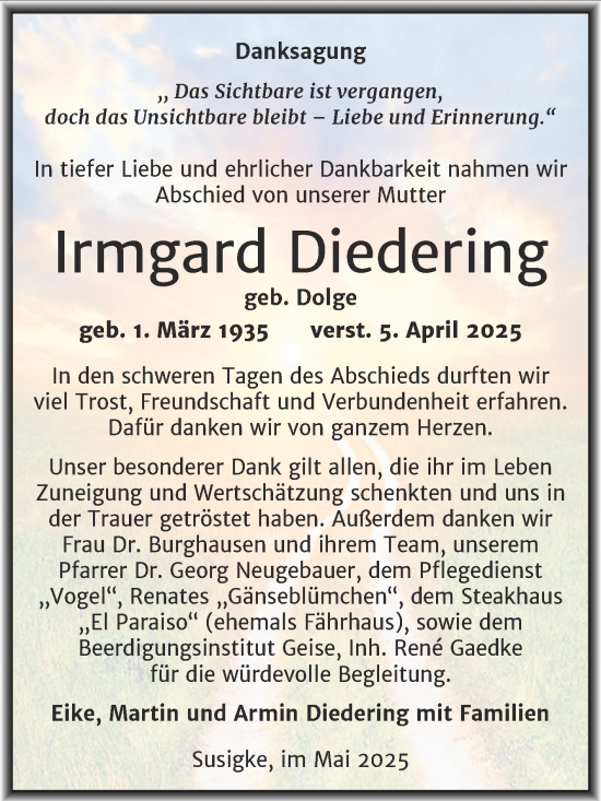 Traueranzeige von Irmgard Diedering von Trauerkombi Köthen