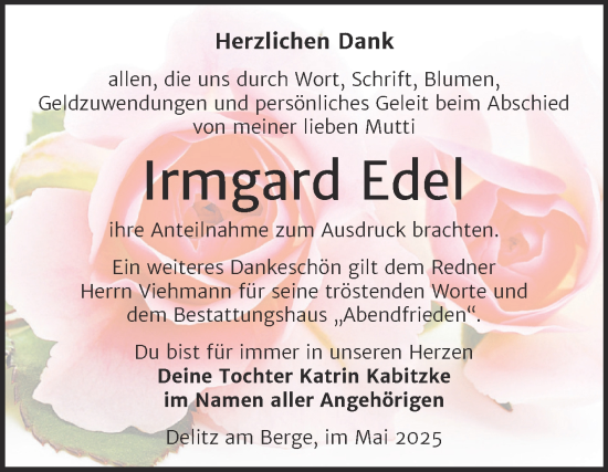 Traueranzeige von Irmgard Edel von Trauerkombi Merseburg