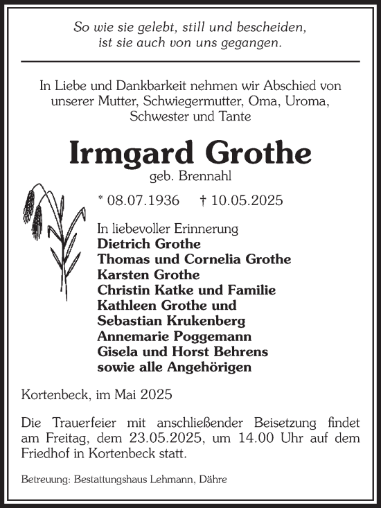 Traueranzeige von Irmgard Grothe von Volksstimme Altmark West