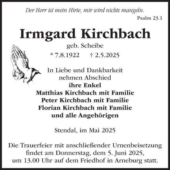 Traueranzeige von Irmgard Kirchbach von Volksstimme Altmark Ost