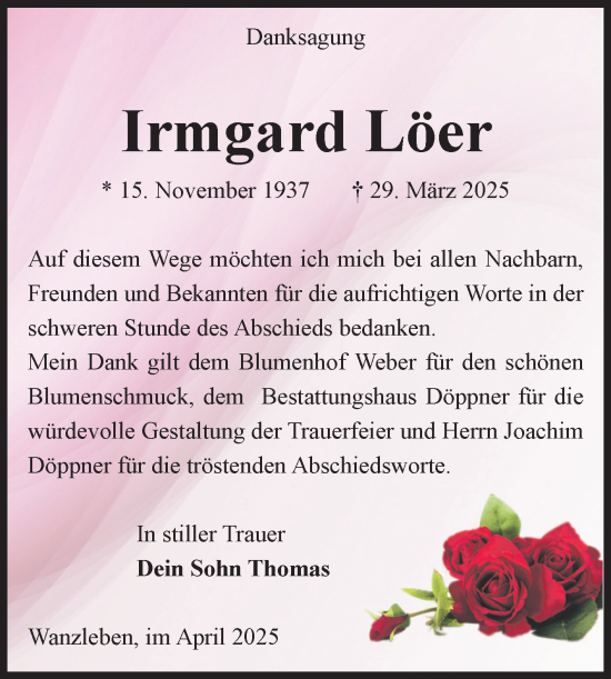 Traueranzeige von Irmgard Löer von Volksstimme Oschersleben/Wanzleben