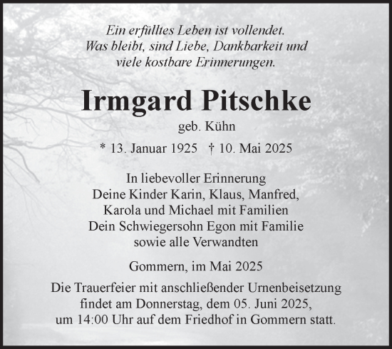 Traueranzeige von Irmgard Pitschke von Volksstimme Burg/Genthin