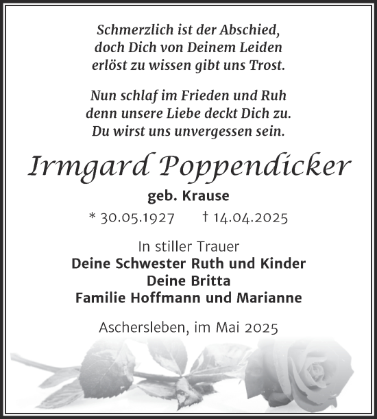 Traueranzeige von Irmgard Poppendicker von Trauerkombi Aschersleben