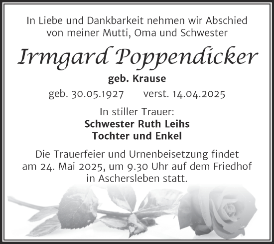 Traueranzeige von Irmgard Poppendicker von Trauerkombi Aschersleben