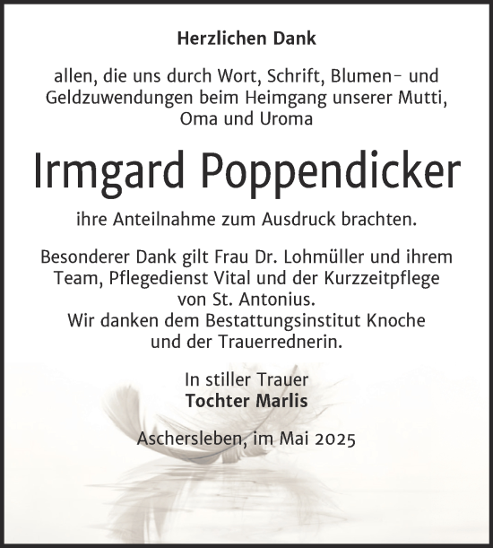 Traueranzeige von Irmgard Poppendicker von Trauerkombi Aschersleben
