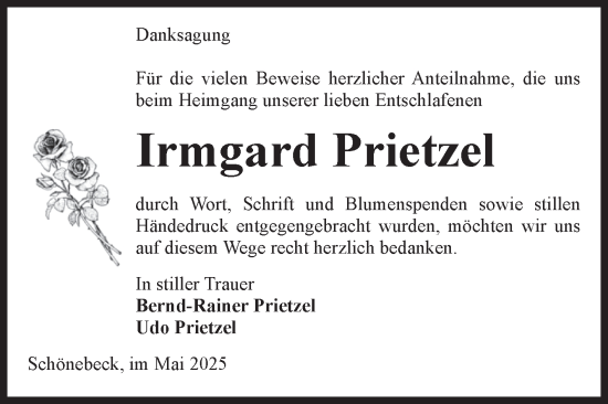 Traueranzeige von Irmgard Prietzel von Volksstimme Schönebeck