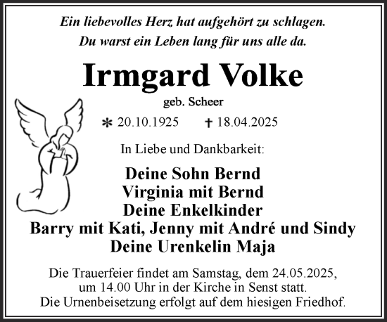 Traueranzeige von Irmgard Volke von Trauerkombi Wittenberg