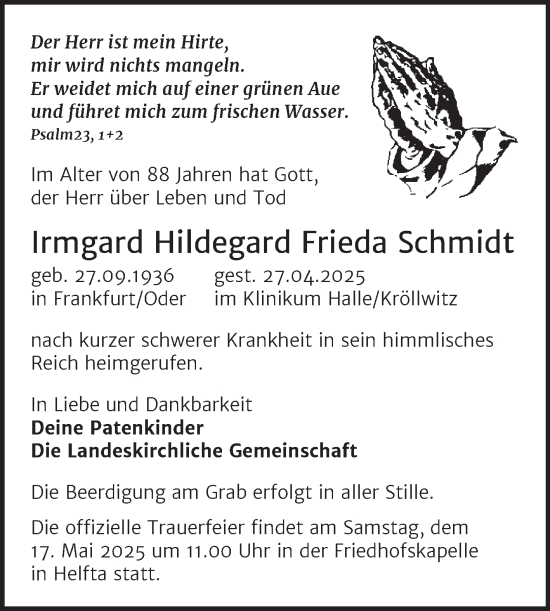 Traueranzeige von Irmgard Hildegard Frieda Schmidt von Trauerkombi Mansfelder Land