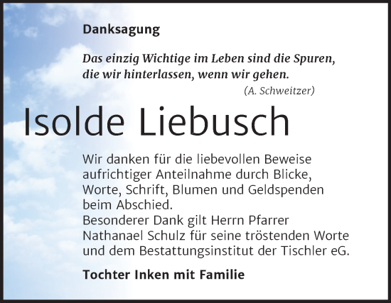 Traueranzeige von Isolde Liebusch von Trauerkombi Wittenberg