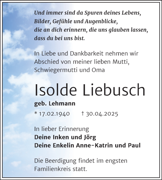 Traueranzeige von Isolde Liebusch von Trauerkombi Wittenberg