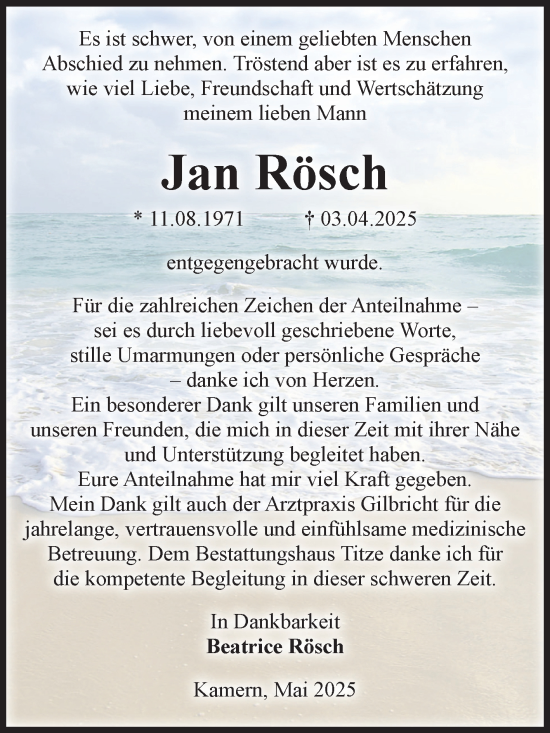 Traueranzeige von Jan Rösch von Volksstimme Altmark Ost