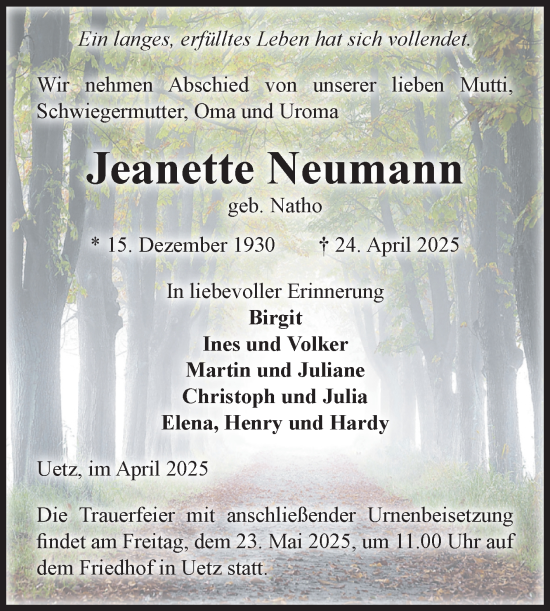 Traueranzeige von Jeanette Neumann von Volksstimme Altmark Ost
