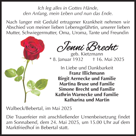 Traueranzeige von Jenni Brecht von Volksstimme Haldensleben/Wolmirstedt