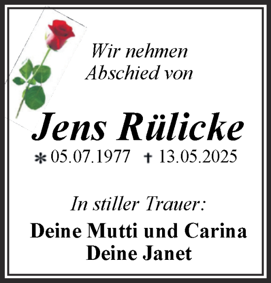Traueranzeige von Jens Rülicke von Trauerkombi Wittenberg