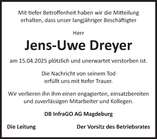 Traueranzeige von Jens-Uwe Dreyer von Volksstimme Magdeburg