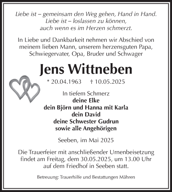 Traueranzeige von Jens Wittneben von Volksstimme Altmark West