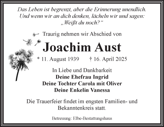 Traueranzeige von Joachim Aust von Volksstimme Magdeburg