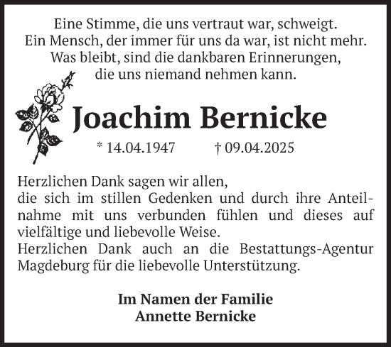 Traueranzeige von Joachim Bernicke von Volksstimme Magdeburg