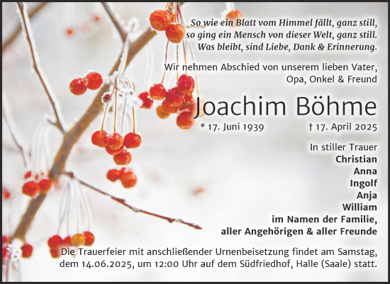 Traueranzeige von Joachim Böhme von Mitteldeutsche Zeitung Halle/Saalkreis